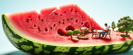 Miniature picnic scene inside a watermelon sliceの素材