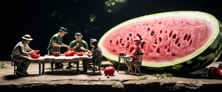 Miniature people preparing food beside a giant watermelon sliceの素材
