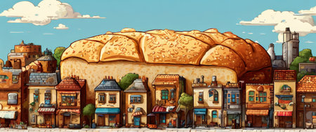 Town with giant bread loaf in imaginative illustrationの素材
