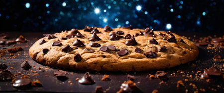 Giant chocolate chip cookie against a starry night skyの素材