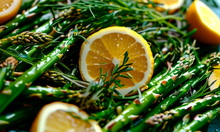 Fresh asparagus and lemon slices garnished with rosemaryの素材