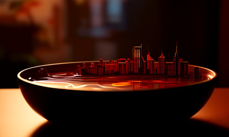 Conceptual skyline of a city inside a bowl of soupの素材