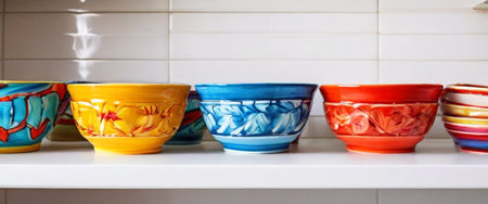 Colorful ceramic bowls on white shelfの素材
