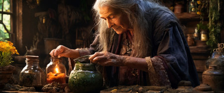 Elderly woman preparing herbal potion in rustic cottageの素材