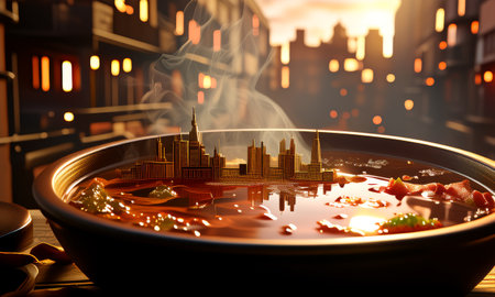Conceptual soup with a cityscape reflectionの素材