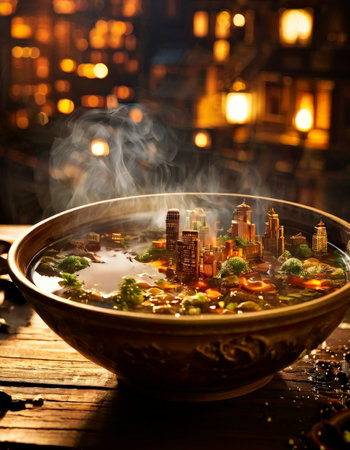Steaming bowl of soup resembling a miniature cityscape at nightの素材