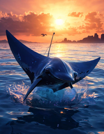 Majestic manta ray breaching at sunset in vibrant ocean sceneの素材