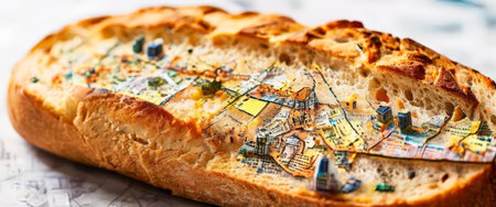 Artistic bread loaf with a city map baked into the crustの素材
