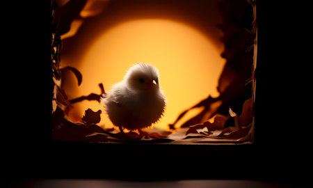 Fluffy baby chick in soft light with autumn leaves backgroundの素材