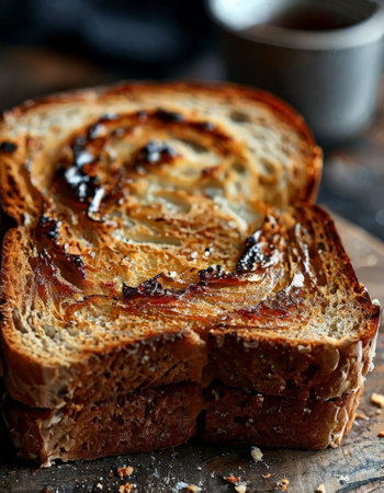 Close-up of toasted bread slice with jam swirls on rustic wooden boardの素材