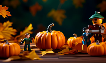 Toy figurines in autumn pumpkin patchの素材
