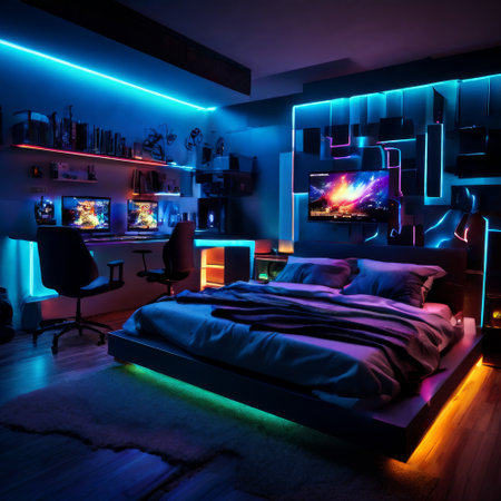 Modern bedroom with neon lighting and gaming setupの素材