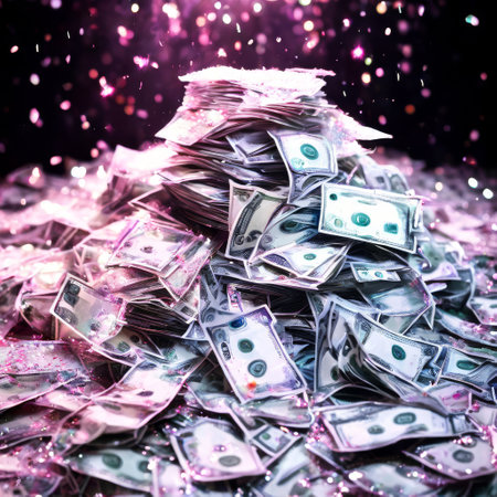 Pile of dollar bills with pink glitter falling on black backgroundの素材