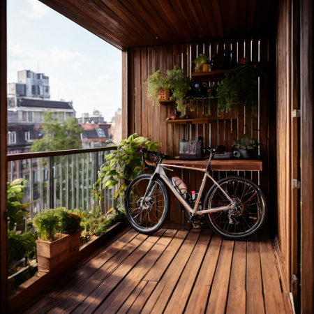 Cozy balcony with plants, bicycle, and wooden decor in urban settingの素材