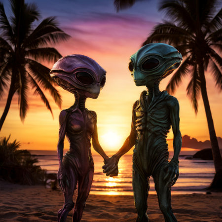 Two aliens holding hands on a tropical beach at sunsetの素材