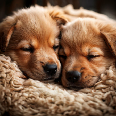 Two adorable puppies sleeping peacefully on a soft blanketの素材