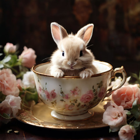 Adorable baby bunny in a teacup surrounded by soft rosesの素材