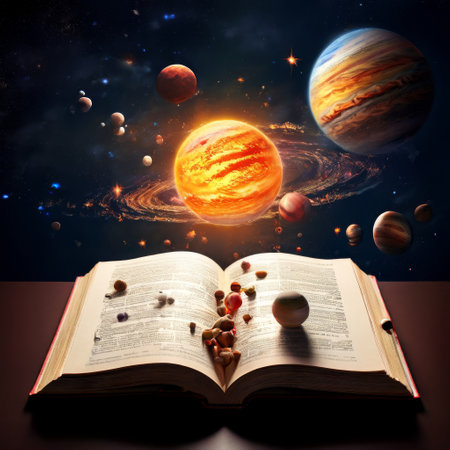 Open book with planets and solar system floating above itの素材