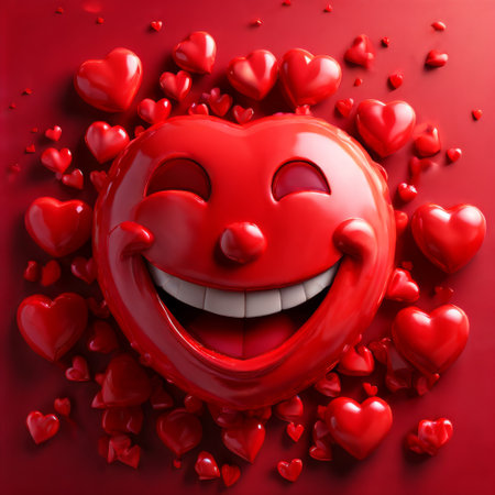 Happy red heart with smile surrounded by smaller heartsの素材