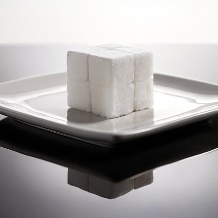 White sugar cube sculpture on a square plate with reflectionsの素材