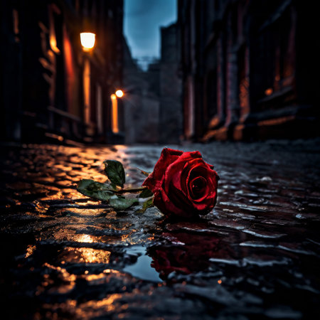 Red rose lying on wet cobblestone street at night with streetlightsの素材