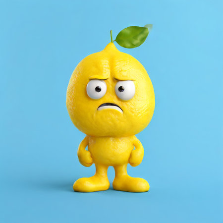Angry lemon character with arms and leaf on blue backgroundの素材