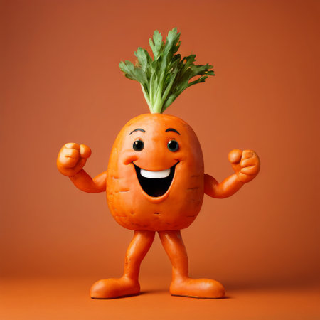 Happy carrot character with muscular arms in an orange backdropの素材
