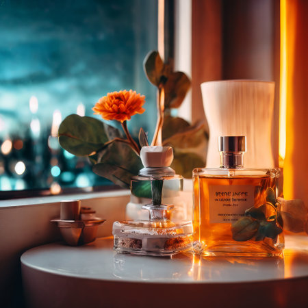 Elegant still life of luxury perfume bottles with soft evening lightingの素材