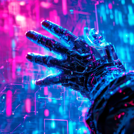 Futuristic robotic hand reaching through neon digital interfaceの素材