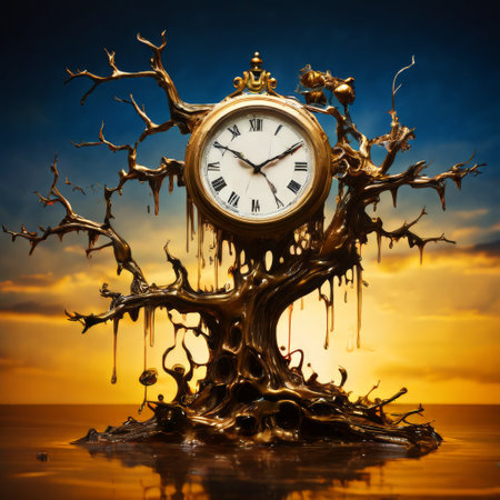Melting golden clock with intricate branches in surreal sceneの素材