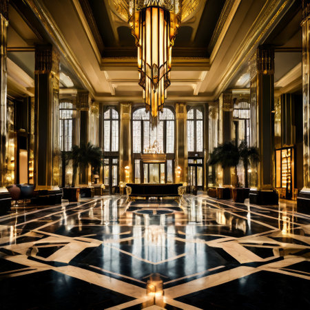 Luxurious art deco hotel lobby with grand chandelier and marble floorsの素材