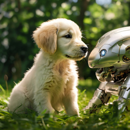 Golden retriever puppy interacts with futuristic robot in natureの素材