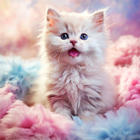 Adorable fluffy kitten with blue eyes sitting on soft pastel fur blanketの素材