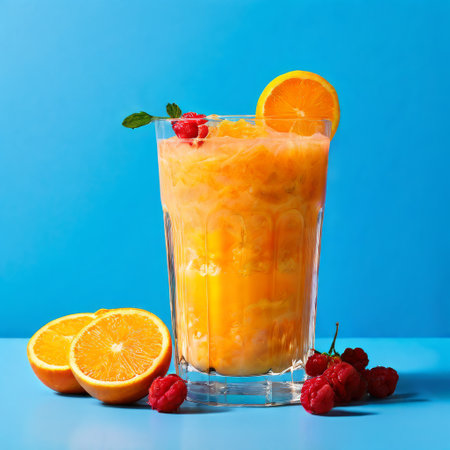 Fresh orange juice with raspberries and mint in glass against blue backgroundの素材