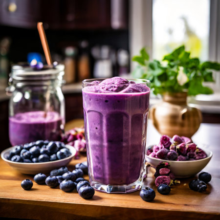 Purple blueberry smoothie with fresh berries in a cozy kitchen settingの素材