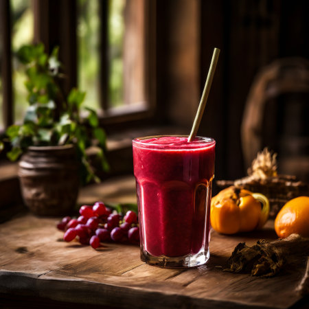 Fresh grape smoothie in a cozy rustic settingの素材