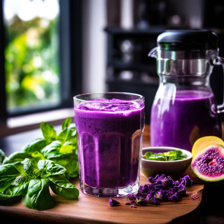 Vibrant purple smoothie with fresh basil and passion fruitの素材