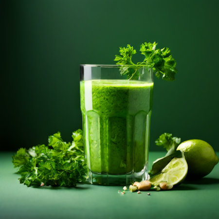 Green detox smoothie in a tall glass with lime and parsleyの素材