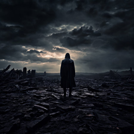 Silhouette of lone figure in dark apocalyptic landscapeの素材