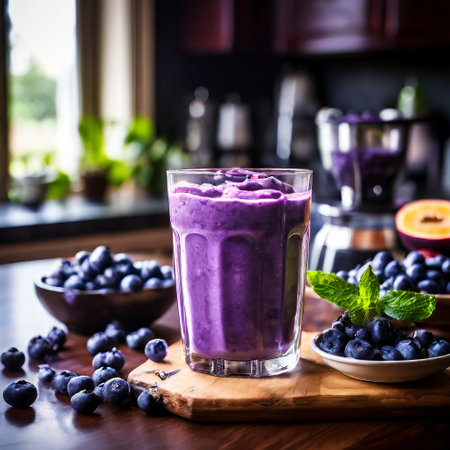 Blueberry smoothie with fresh berries in kitchen settingの素材