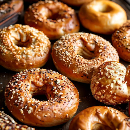 Freshly baked bagels with assorted seeds on baking trayの素材