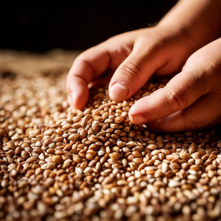 Hands gently sifting through a pile of barley seedsの素材
