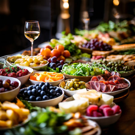 Luxurious spread of colorful fresh fruits, vegetables, and charcuterie on tableの素材