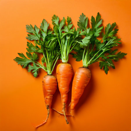 Fresh carrots with leafy tops on an orange backgroundの素材