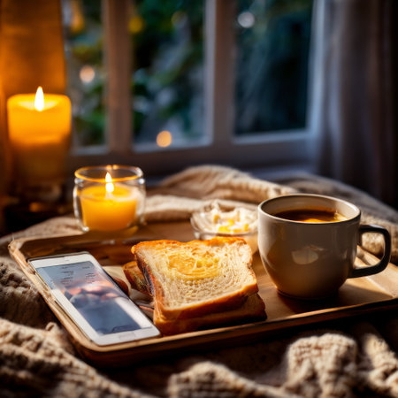 Cozy breakfast scene with coffee, toast, and a smartphone by candlelightの素材