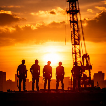 Construction workers silhouetted at sunset on a worksiteの素材