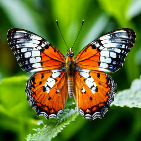 Close-up of a colorful butterfly on vibrant green foliageの素材