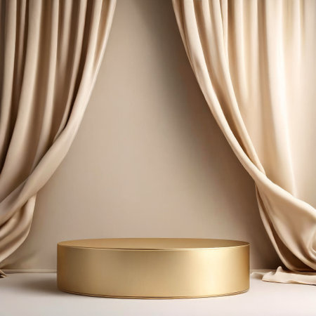 Elegant stage with golden platform and flowing beige curtainsの素材