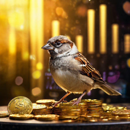 Sparrow perched on gold coins with glowing market charts in the backgroundの素材