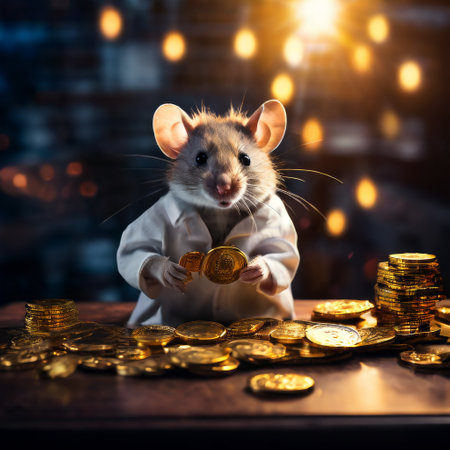 Mouse banker handling gold coins in a dimly lit roomの素材